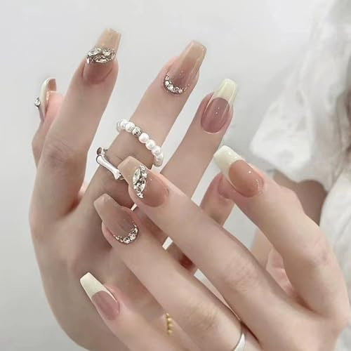 Stick On Nails Short Medium - T-shaped French Tip False Nails With Glue, 24Pcs Beige French False Nails, Fake Nail with Diamond for Women Girls Nails Art, Nail Tips for Valentines Days Nails Art