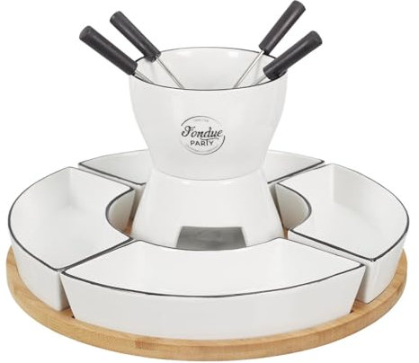 Fondue Set für 4 Personen - Bambus und Porzellan - Inklusive Schalen und Gabeln - 30 x 30 x 19 cm