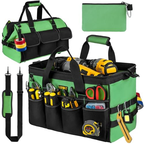 Borsa porta Attrezzi da Lavoro,16 Pollici Borsa Elettricista per Uomo,Borsa per Attrezzi da Lavoro Resistente con 27 Tasche,Borsa Portautensili a Bocca Larga per Papà,Meccanico,Elettricista,Nero Verde