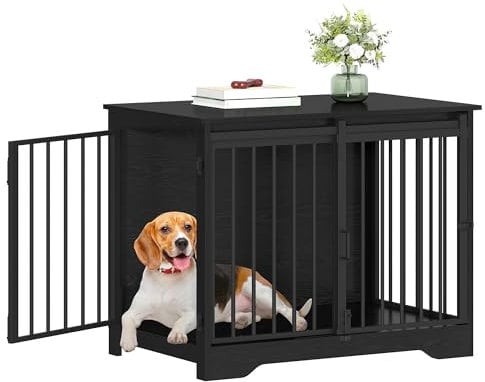 Hzuaneri Dog Crate Furniture, 81 cm Double Door Wooden Dog Crate with Barn Door, Indoor Kennel, End Side Table Animal Crates for Small Medium Dogs, Anti-Chew Anti-Escape, White Brown DFC83604B