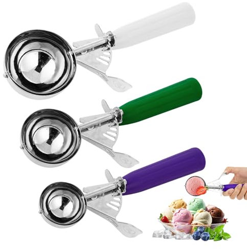 Juego de 3 cucharas de helado de diferentes tamaños, cucharas de helado grandes, cucharas de helado de acero inoxidable, con disparador, para bolas de hielo, albóndigas, frutas y masa
