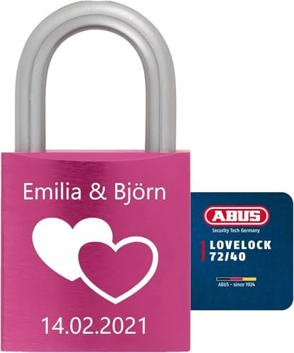 ABUS Liebesschloss mit Gravur und Schlüssel - Personalisiert mit Namen und Datum - Geschenk für Paare zur Hochzeit oder Verlobung - Valentinstagsgeschenk - graviertes Vorhängeschloss 72/40 (Pink)