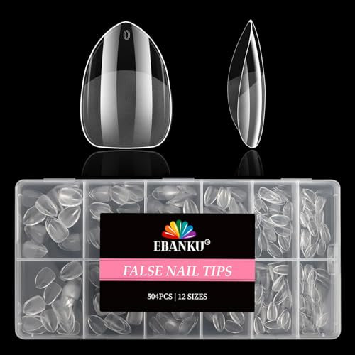 504PCS Extra Short Almond Nail Tips, EBANKU Pre-shape Half Matte Clear Press on Nails Acrylic Full Cover False Nail Extension Clear Gelly Fake Nails for Women Girls Manicure Salon DIY, 12 Sizes