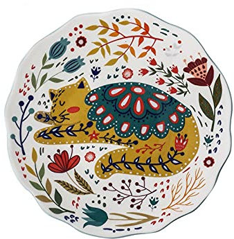 KWMAEEUID Plato de Comedor Plato de Cena de Gato Colorido de 8 Pulgadas Platos de Cena de cerámica esmaltados Bandeja de Postre Vajilla de Gatito de Flores Apto para microondas (Color: D)