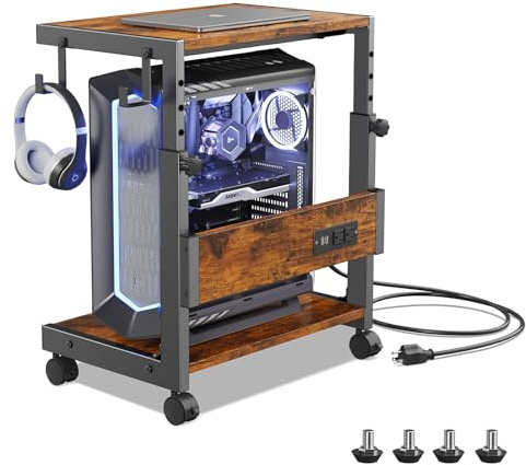 Höhenverstellbarer Computer-Tower-Ständer mit Ladestation und USB-Ladeanschluss, 2-stöckiger ATX-Gehäuse-Wagen, mobiler PC-Ständer, CPU-Halterungswagen mit feststellbaren Lenkrollen, passend für die