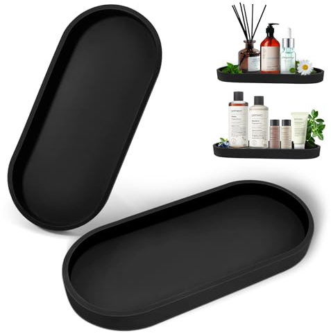2 Stück Badezimmer Tablett Schwarz Silikon, Deko Tablett für Bad, Dekotablett Oval für Waschbecken, Schminktisch, Badezimmer Deko für Küchenspüle, Schlafzimmer & Badewanne