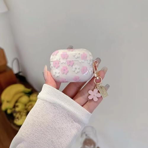 CrazyLemon für Airpods Pro 2 Hülle, Klare Airpods Hülle TPU Rosa Weiß Blumen Bedruckte Stoßfeste Schutzhülle für Kopfhörer Taschen & Cases Ladehülle mit Schlüsselanhänger