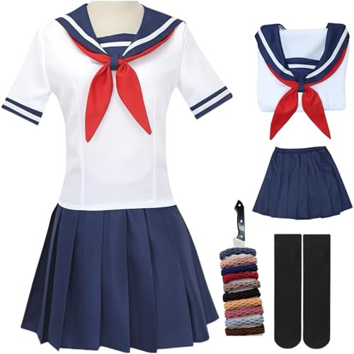 BAWKGDB Ayano Aishi Cosplay Kostüm Yandere Simulator Cosplay Damen Matrosenanzug Japanische Schuluniform Halloween Set (Weiß, L)