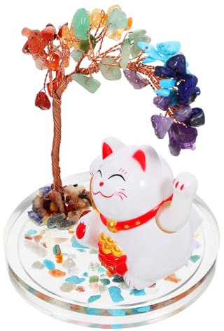 Ipetboom Solar Crystal Tree Cat Statue Lucky Fortune Cat Figurine with Vibrant for Home Decor Unique Artistic Photo Prop for Entryway and Office Decoration