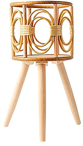 Support pour plantes d'intérieur en rotin tressé à la main avec pieds | Étagère en bois robuste pour bureau, chambre, jardin, balcon, terrasse