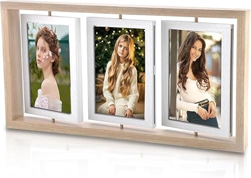 HENGBIRD Drehbarer Bilderrahmen Collage, Doppelseitig Collage Bilderrahmen für 6 Fotos, Bilderrahmens 10x15 Holz, mit Acrylglasschutz, Foto Geschenk für Geburtstag, Familie, Hochzeit, Weihnachten