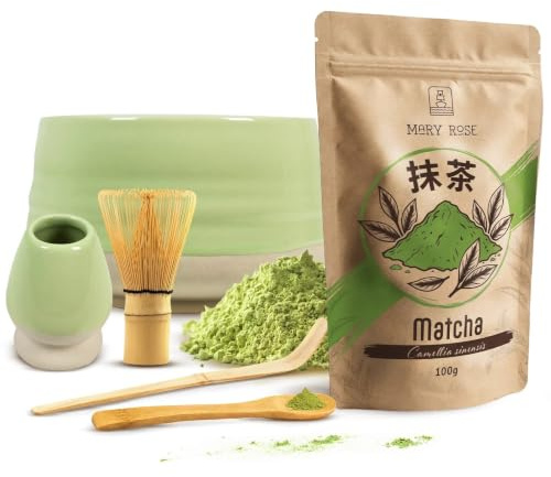 Kit Matcha Mary Rose: Thé Vert 100g avec fouet en bambou et accessoires | Découvrez le rituel traditionnel du thé vert avec le coffret matcha complet Mary Rose idéal pour débutants et passionnés