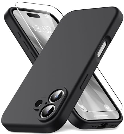 Vansdon Coque pour iPhone 17,Housse Silicone Liquide Mince, Noir | Doublure Microfibre Anti-Rayures, 1x Film de Protection en Verre Trempé, Protection Antichoc