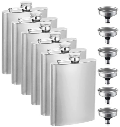 Wapasezyar Flachmänner, Edelstahl Flachmann mit Trichter, 8 oz/227 ml Flachmann Schwarz Geeignet Zum Tragen von Alkohol und Schnaps, Tragbares Flaschen Set für Männer und Frauen (6, Silber)