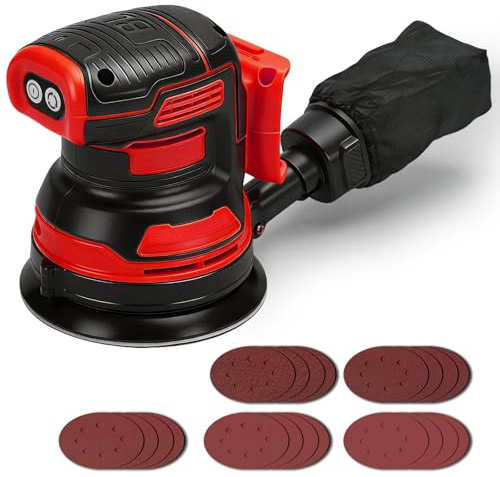 Lijadora Orbital Inalámbrica 125 mm para Milwaukee 18V (sin Batería) | Lijadora eléctrica sin escobillas, 4000–8000 rpm, 3 velocidades, 21 hojas de lija y bolsa de polvo