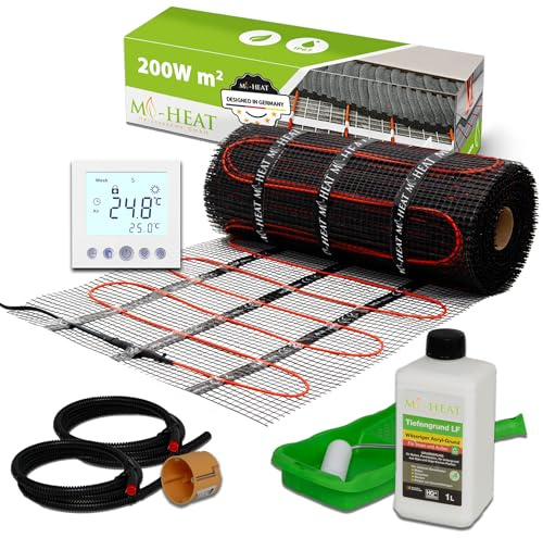 Mi-Heat Elektrische Fußbodenheizung 200W/m² 8,0m² – Dünnbettheizmatte zur Verlegung in Ausgleichsmasse – Set für Fliesen, Vinyl, Parkett & Laminat – mit Thermostat c16 digital weiß