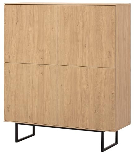 Lomadox Wohnzimmer Highboard 115 cm breit in Eiche, Metallgestell, 4 Türen, grifflos mit Push-to-Open, modern Industrial