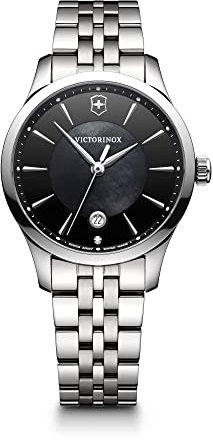 Victorinox Damen Armbanduhr Alliance Small Ø 35 mm, Swiss Made, Analog Quarz, Wasserdicht bis 100 m, Saphirglas, Edelstahl-Armband, Schwarz/Silber