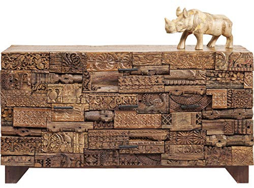 Kare Design Sideboard Shanti Surprise Puzzle Nature, braun, Lowboard, Unikat, 2 Türen, Mango Massivholz, handgeschnitzte Ornamente, 90x160x42cm (H/B/T)