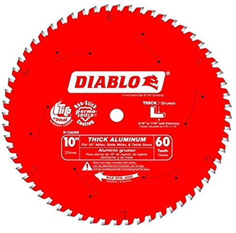 Diablo D1060N Sägeblatt für dickes Aluminium, 25,4 cm Durchmesser, 60 TCG-Zähne, 1,6 cm Dorn, 0,11 Zoll Schnittfuge, -5° Hakenwinkel, 0,87 Zoll Platte, 6000 Max U/min