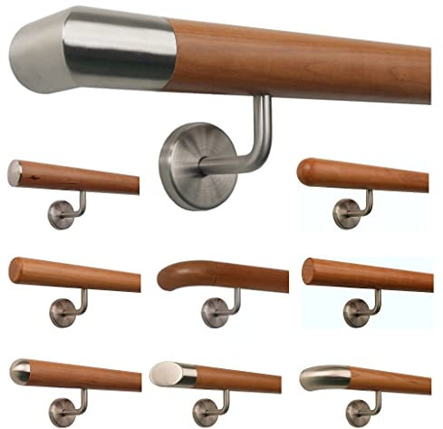 TIBU Kirschbaum Holz Handlauf Geländer 0,3m - 5m, Länge 50 cm, Ende Edelstahlecke und 2 gewinkelte Halter