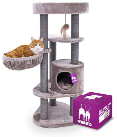 Petrebels Kratzbaum Charlotte 134 cm hoch, Premium Qualität Katzenbaum mit Hängematte, Liegefläche und Höhle, Farbe Cappuccino
