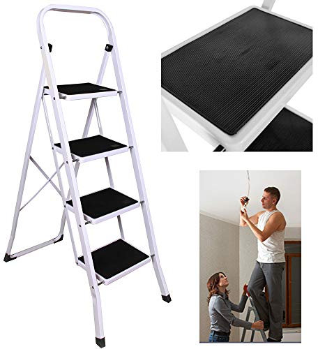 Trittleiter 4 Stufen klappbar, Stahl Sicherheits Stehleiter, Tragbare Faltet Rutschfest Belastbar bis 150 kg, Haushalt Stufenleitern, TÜV Rheinland GS-Zertifikat, 5 Jahre Garantie