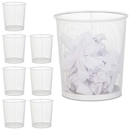 Relaxdays Corbeille Papier, Lot de 8, pour Bureau & Chambre ado, Ouverte,Ronde, Fil de Fer, Poubelle, en métal, HxD 28x26cm,Blanc