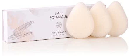Baie Botanique Esponja de Konjac en forma de lágrima - Esponja ecológica y suave para la limpieza y exfoliación facial 100% natural, Juego de 3