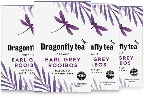 Dragonfly Organic Earl Grey Rooibos Tea, Pack of 4 x 40 (160 Teabags) Naturally Decaf Earl Grey Tea Bags, Caffeine-Free Teabags, With real Bergamot Oil