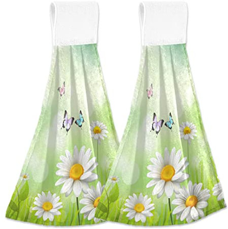Boccsty Küchentücher für Frühjahr, Sommer, Wiese mit weißen Gänseblümchen, 2 Stück, Blumen, Schmetterlinge, Geschirrtuch, Handtücher, Geschirrtücher, für Badezimmer, Tischdekoration, Heimdekoration