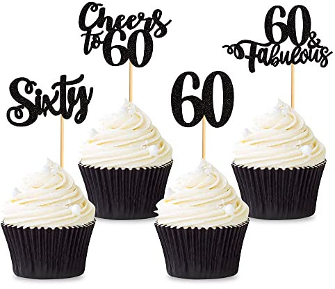 Blumomon Black Glitter 60th Birthday Cupcake Toppers Happy Birthday 60 Fabulous Cupcake Toppers Happy 60th Cake Decorations for 60th Birthday Happy 60th Theme Party Supplies
