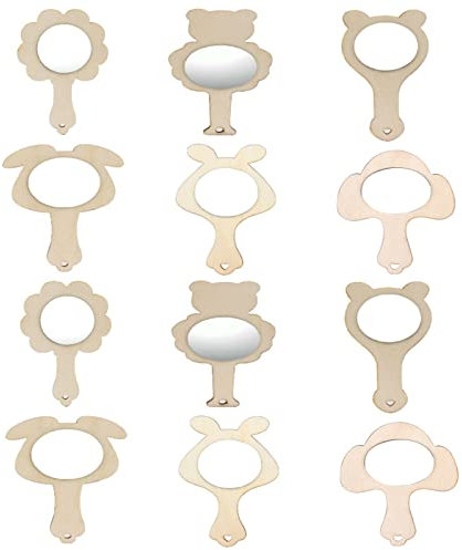12 Stücke Spiegel aus Holz, Handspiegel zum Basteln, Kleiner Handspiegel, für Do-it-yourself-Malerei, Desktop-Dekorationen, Kunsthandwerk(Holzfarbe,6 Muster)