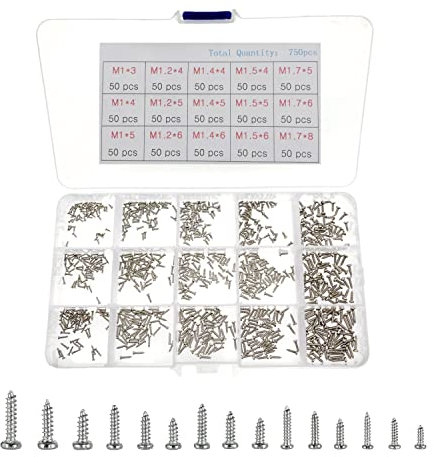 JZK 750 x Juego surtido de tornillos autorroscantes de cabeza plana con caja de almacenamiento, M1/M1.2/M1.4/M1.5/M1.7 mini kit surtido de tornillos para madera