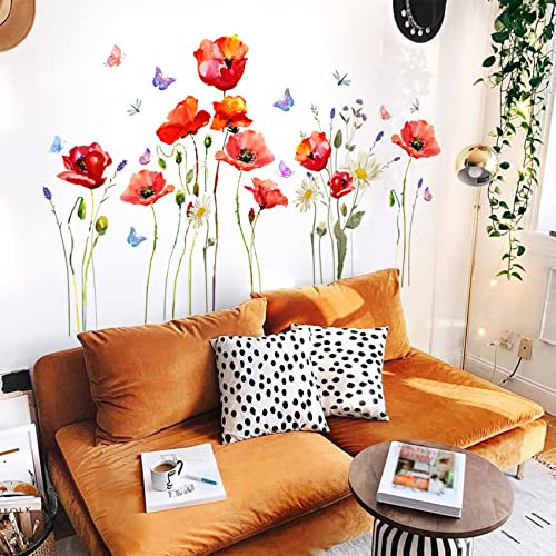 Große Vintage-Blumen-Wandaufkleber, florale Wandaufkleber, Pflanzenreben, Wandkunstaufkleber, abziehbar, Schmetterlinge, Wandaufkleber für Schlafzimmer, Wohnzimmer, Büro, Sofa, Hintergru