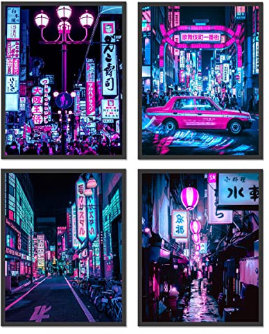 NOFICHE Japanischer Wandkunstdruck auf Leinwand, Poster, Kunstwerk, dunkles Anime-Bild, Preppy Tokyo Neon Night für Zuhause, Schlafzimmer, Karate, Saal, Sushi, Restaurant, Dekorationen, 20,3 x 25,4