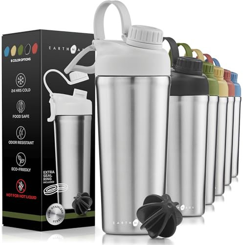 Earthmade Protein Shaker Bottle Stainless Steel, 26 oz Insulated Shaker Bottles for Protein Mixes Keeps COLD for 30 hours, ADDED 2 Extra Ring Guards/Leakproof