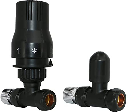Warmehaus Black Straight Thermostatic Radiator Valve and Lockshield | Solid Brass, 15mm Inlet, 1/2” BSP MI Outlet, TRV