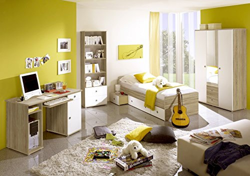 Jugendzimmer Wiki 4 teilig in Eiche Sonoma Weiß mit Kleiderschrank, 90er Jugendbett, Schreibtisch und Standregal