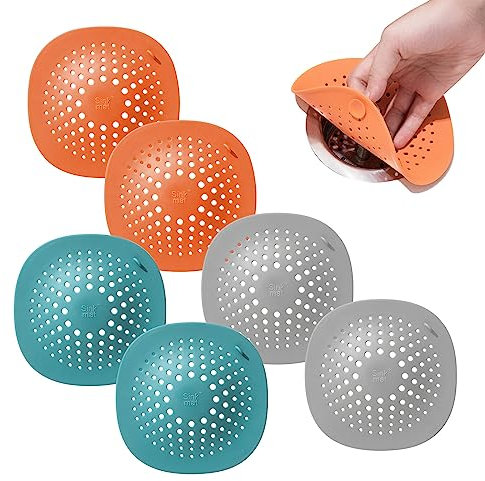 Pack de 6 Atrapa Cabellos de Silicona & Filtro de Desagüe – Tapón de Ducha y Fregadero con Ventosas, Fácil de Limpiar – Evita Atascos en Baño, Cocina y Bañera – 14,4 x 14,4 cm