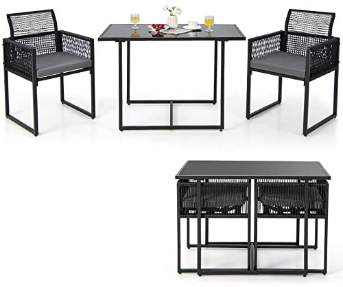 COSTWAY Ensemble de Meubles de Patio 3 Pcs en Rotin PE avec Dossier Pliant Charge 150KG, Salon de Jardin avec Coussins Plateau de Table en Verre Trempé, pour Jardin Bord de Piscine