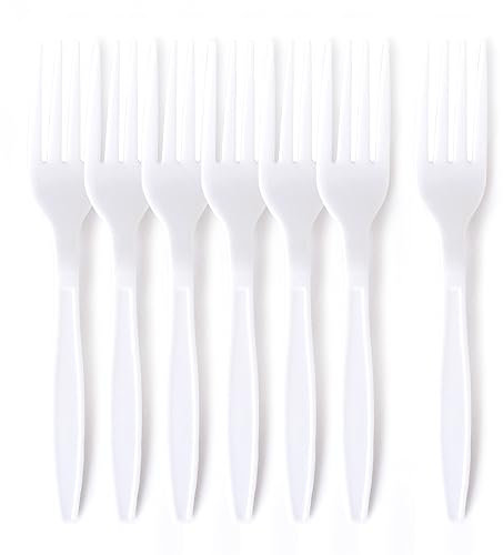 MORE FREE Tenedores Reutilizable de Plástico Blanco Juego de Cartón Reutilizable Cucharas Cuchillos Tenedores Vasos Platos Pajitas para Fiestas Buffets Bodas (18cm/100pcs, Tenedor Blanco)