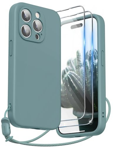 SURPHY kompatibel mit iPhone 15 Pro Hülle Silikon mit Band & Displayschutzfolie 6,1 2023, Handyhülle iPhone 15 Pro Case mit Kameraschutz, iPhone 15 Pro Schutzhülle, Kaktus Grün