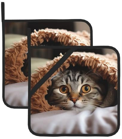 Topflappen mit Katzenmotiv, hitzebeständig, wasserdicht, zum Kochen, Backen, Grillen, Grillen, 2 Stück