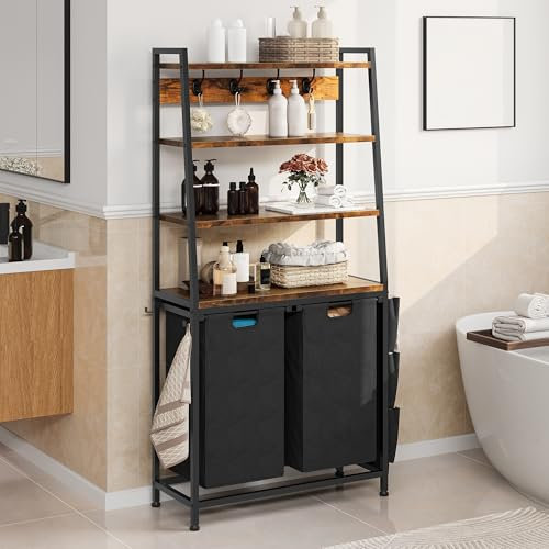 YITAHOME Laundry Basket, Floorstanding Laundry Sorter with Shelves and Hooks Washing Basket with 2 Pull-Out and Removable Bags Laundry Hamper for Bedroom Laundry Room Bathroom Dorm