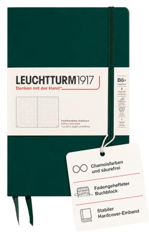LEUCHTTURM1917 Notizbuch B6+ Hardcover, Forest Green, Gepunktet | 219 nummerierte Seiten, Fadenheftung, 80 g/m² Papier, 2 Lesezeichen, Falttasche