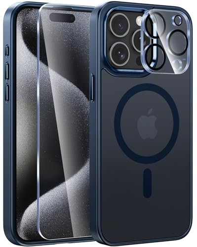 FNTCASE für iPhone 15-Pro-Max Hülle Magnetisch: Matt Durchscheinende Rückseite Dünne Handyhülle Militärstandard Fallschutz Stoßfest Robust Kratzfest Translucent Schutzhülle (Blau)
