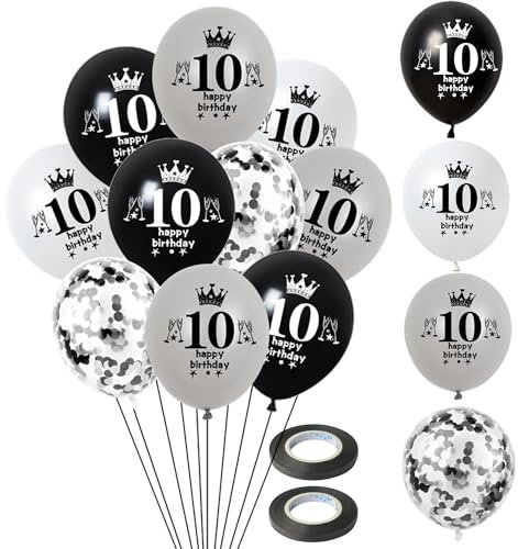 Luftballon 10. Geburtstag Jungen Mädchen Deko 14 Stück Schwarz Silber weiß Ballons 10. Geburtstag Dekoration 10 Latex Ballon Geburtstagsdeko 10 jahre Mädchen Junge Party deko