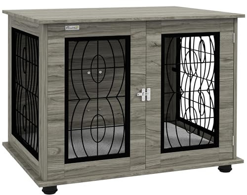 PawHut Dog Crate Furniture, Dog Cage with Soft Washable Cushion, Furniture-Style Pet Kennel Indoor House End Side Table for Small Medium Breeds, 80 x 56 x 63 cm, Grey