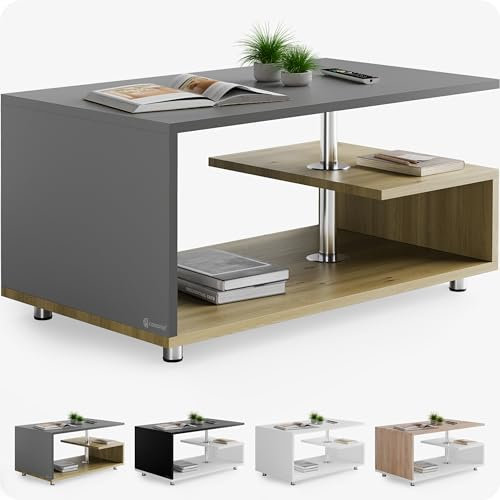 Casaria® Couchtisch Grau Holz Modern mit Stauraum 95x55cm Edelstahl Füße Rund Höhenverstellbar Ablage Eckig Beistelltisch Wohnzimmer Couch Sofa Tisch